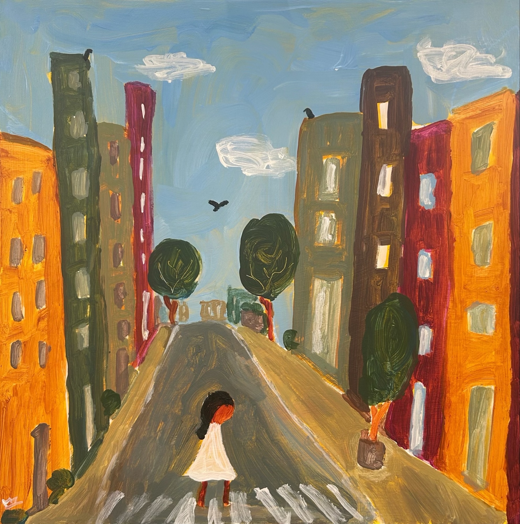 Be Where You are: warm ochre, orange, and purple beneath a broad blue sky with drifting clouds.