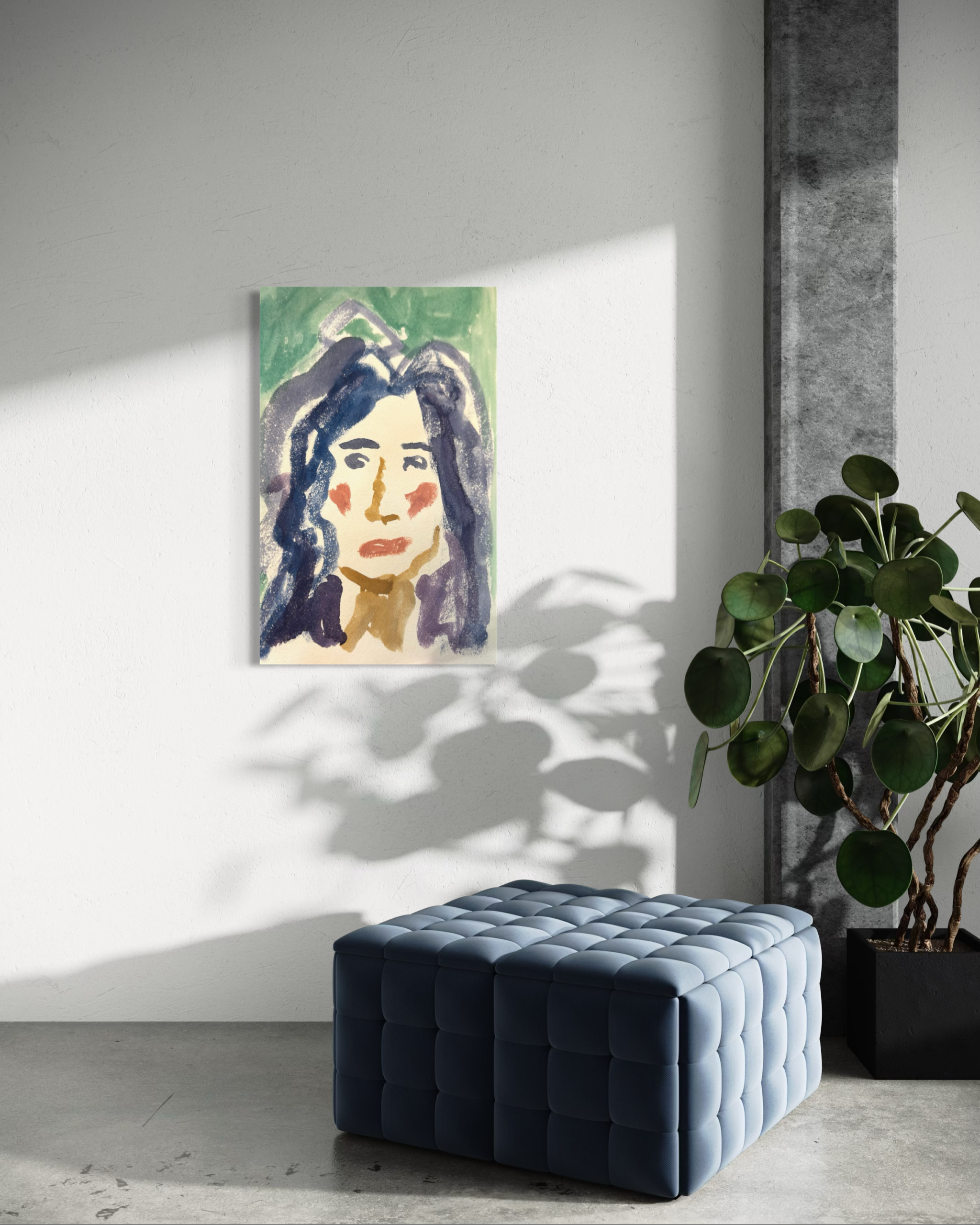 Room mockup displaying Portrait Woman, with rosy cheeks and flowing blue-violet hair against a soft green background.