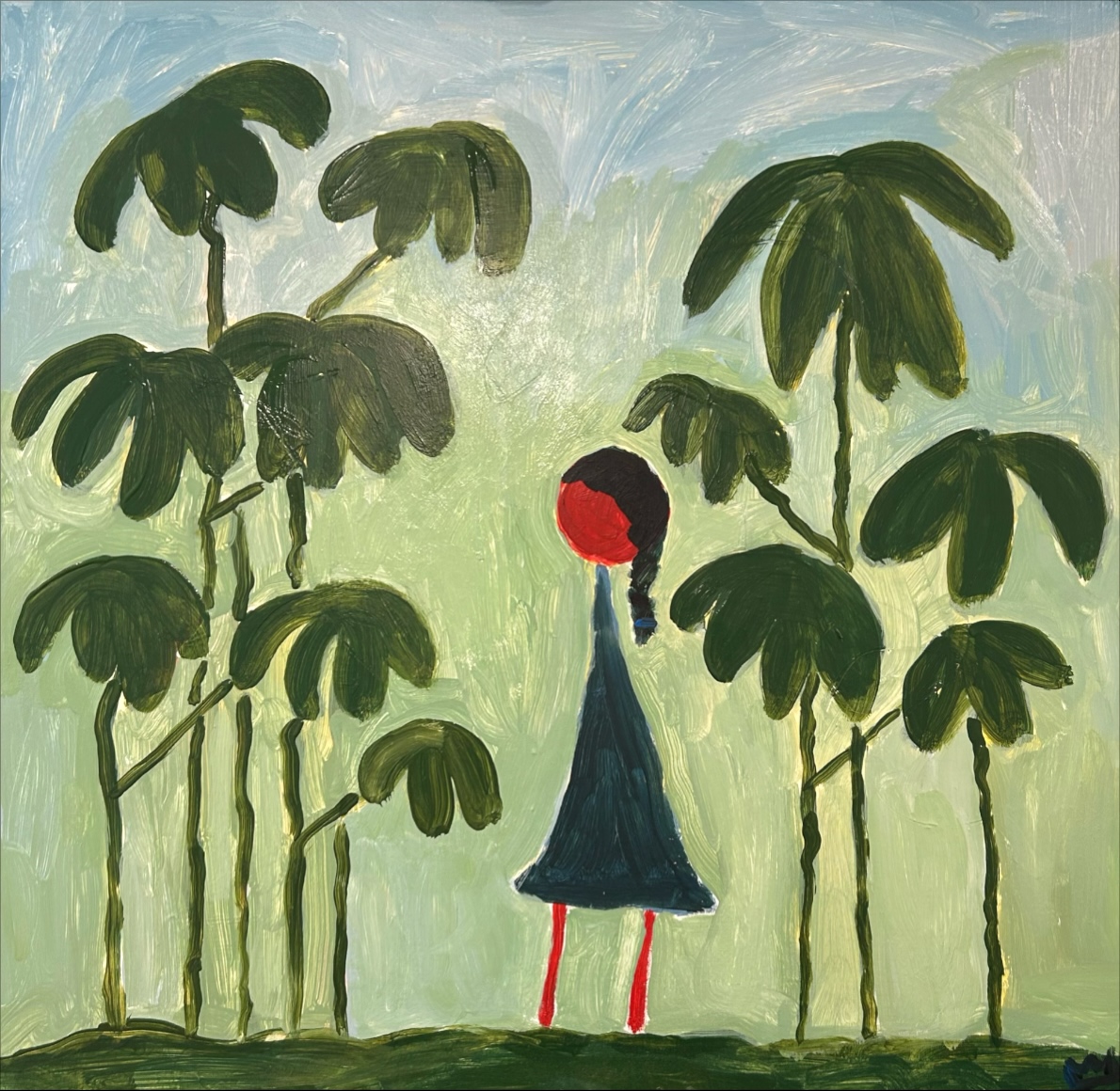 Mayapple: a girl in a blue dress beneath oversized green leaves, painted against a pale green and blue background.
