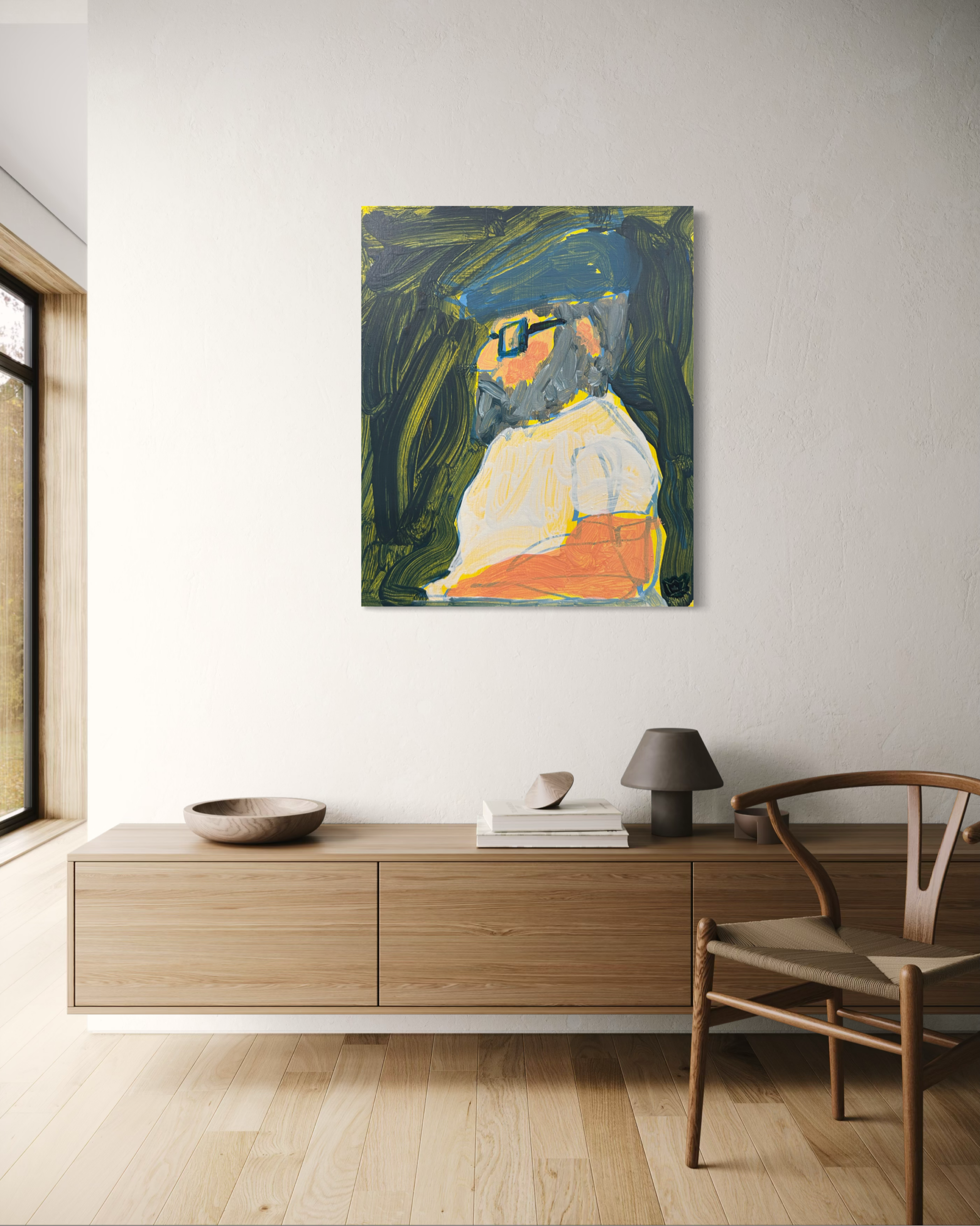 Room mockup displaying Portrait Man, a portrait of a bearded man wearing glasses and a blue cap.
